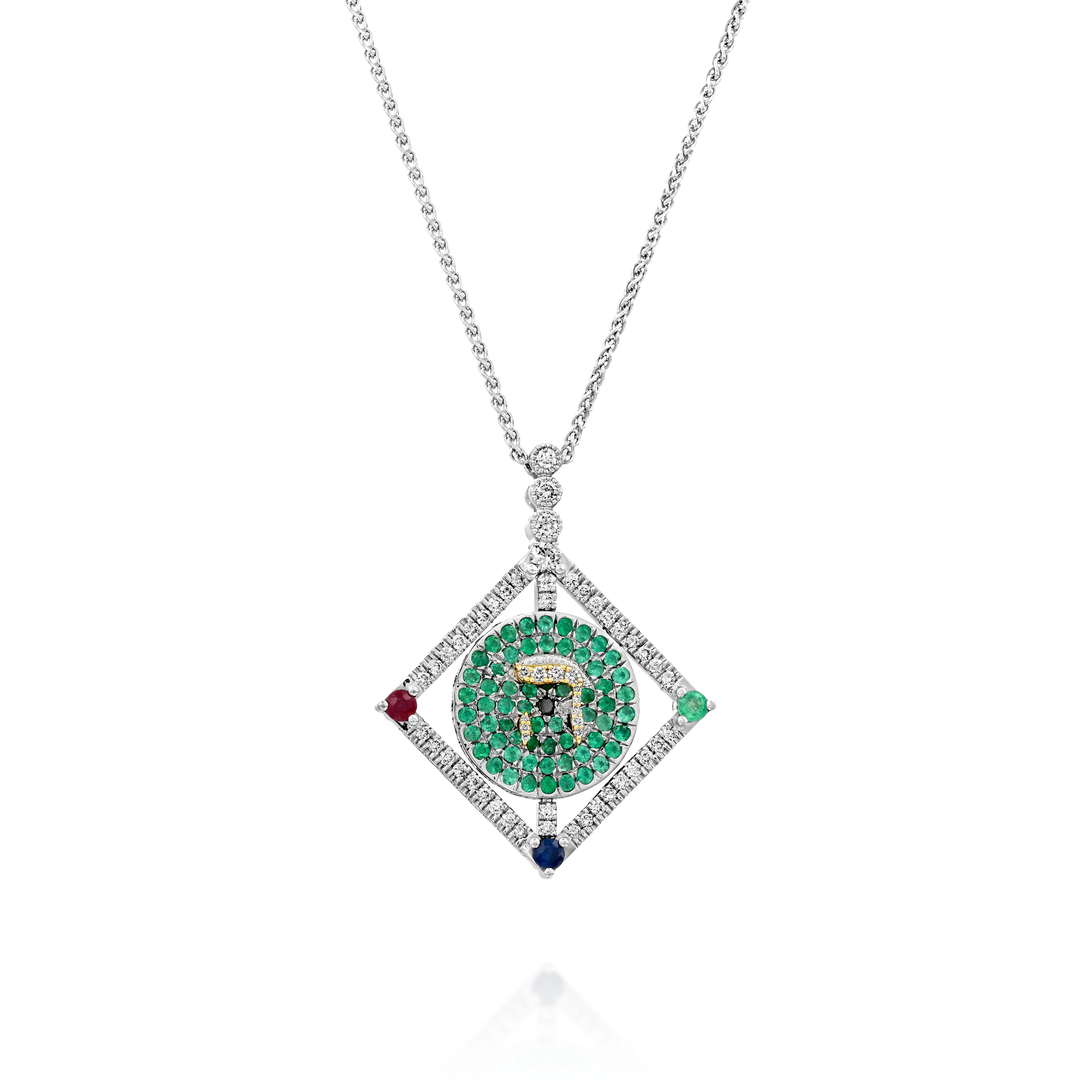 A circular rotating plate hangs gently within a platinum double-sided square pendant set with round brilliant diamonds.