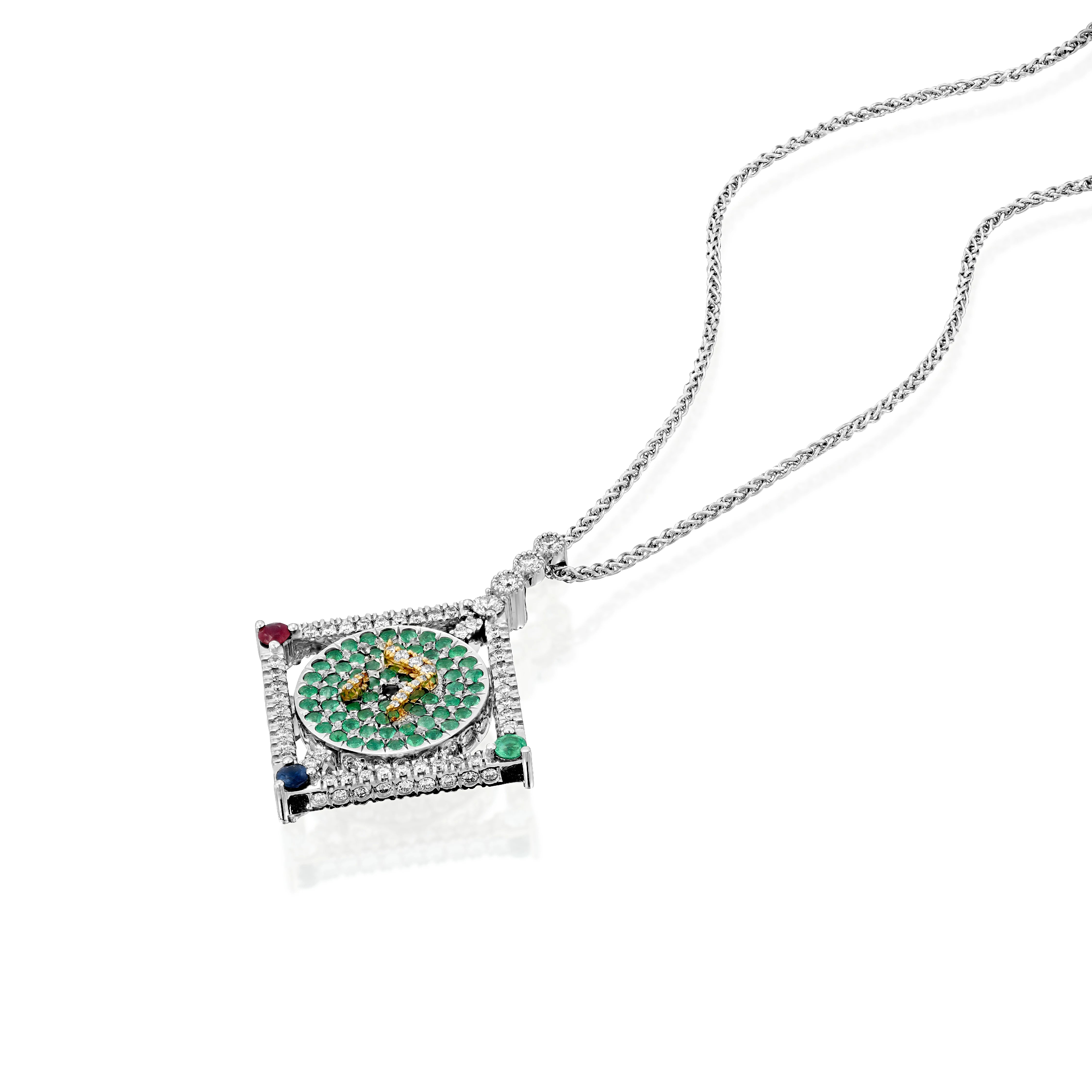 A circular rotating plate hangs gently within a platinum double-sided square pendant set with round brilliant diamonds.