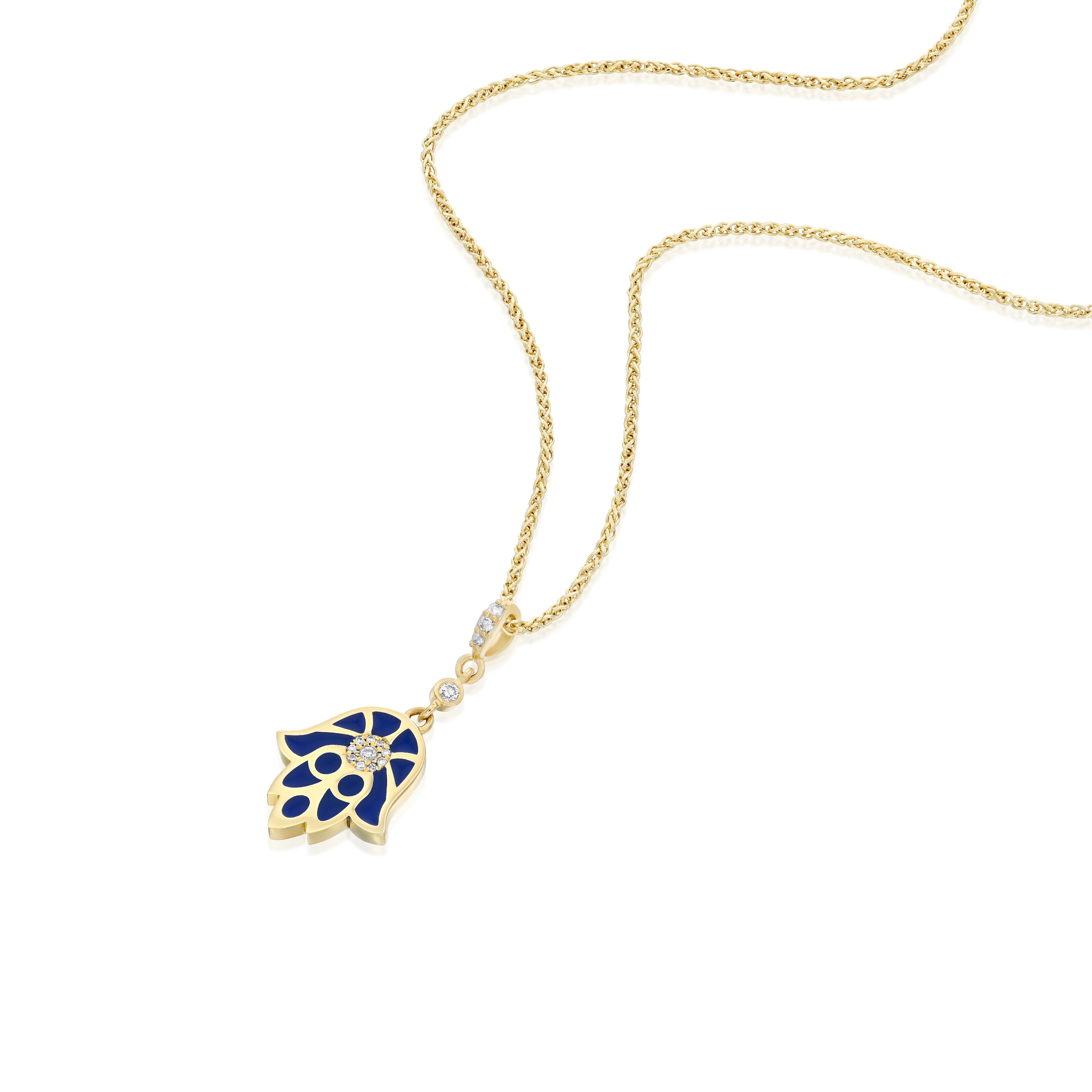 A Hamsa pendant crafted from gold, diamonds, and blue enamel . At its heart lies the guardian eye (against the evil eye) set with diamonds, that always carefully watches and protects us. The exact spectacle shade of our blue enamel represents the ancient hidden heart wisdom, its protective and unifying strength. This Hamsa features a unique design: A network of gold lines over the blue magnificent enamel. It combines an oriental aesthetic with contemporary touch.